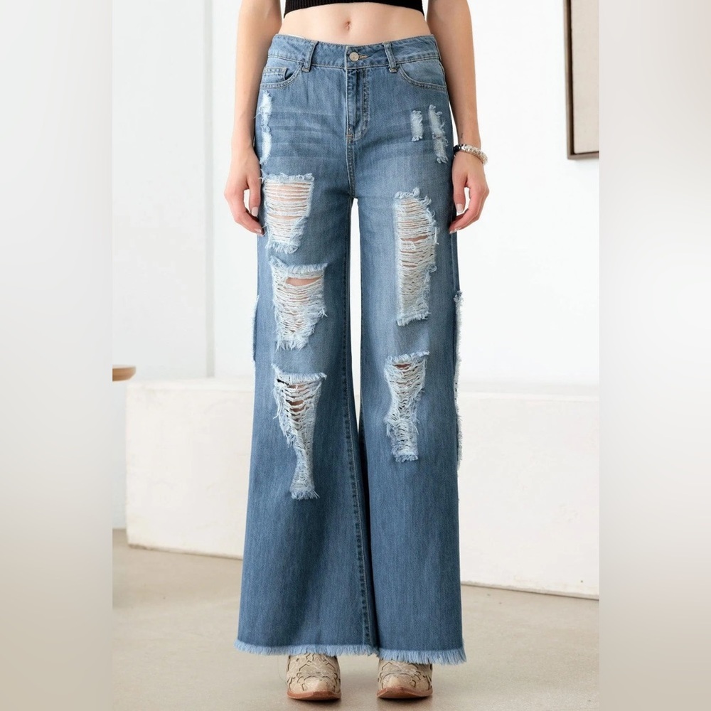 Distressed Blue Wide Leg Side Slit Women's Denim Jeans - Picture 5 of 6